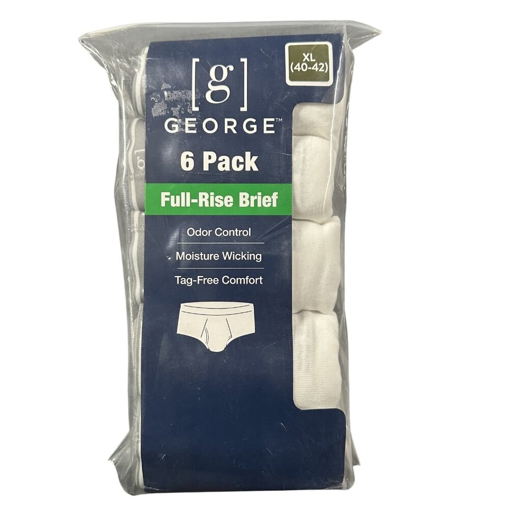 George Full-Rise Briefs Mens XL 40-42 White 6 Pack Odor Control Moisture Wicking